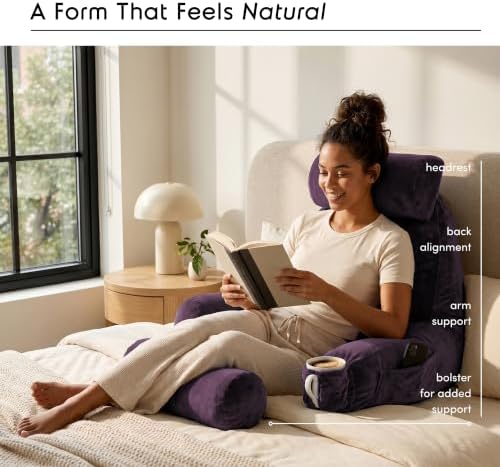 Nestl Reading Pillow for Bed, Back Pillow for Sitting Up in Bed, Purple | 22” Backrest Pillow Includes Neck & Lumber Pillow, Adjustable Shredded Memory Foam Fill, OEKO-TEX, Dorm Essentials for Adults - Image 2