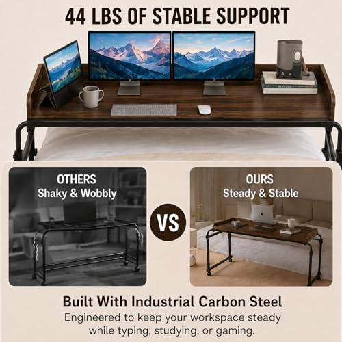 Over Bed Table with Wheels, Width & Height Adjustable, Rolling Over the Bed Desk with Cup Holder & Raised Baffle, Mobile Laptop Desk for King Queen Size Beds, Home Office, Bedroom Hospital Workstation - Image 5