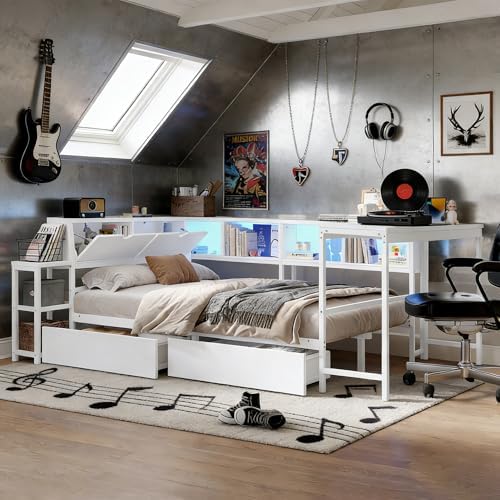 Bellemave Queen Size Corner Bed Frame with Storage Drawers, Bookcase and Side Desk, Queen Corner Bed with Light and Charging Station, Daybed for Bedroom, Living Room, Guest Room White - Image 4