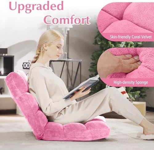14-Position Lazy Sofa Chair with Soft Coral Fleece, Folding Gaming Chair, Couch Recliner, Floor Seat for Reading, Meditating, Yoga, Gaming (Pink) - Image 3