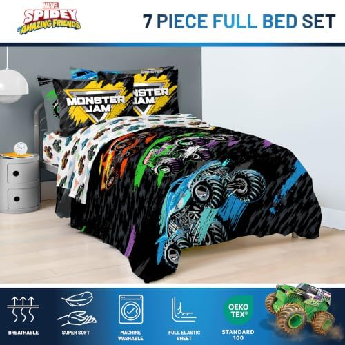 Monster Jam Trucks Full Size Comforter Set 7 Piece Kids Bedding, Black - Image 4