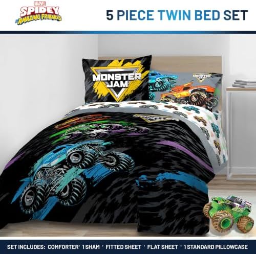 Monster Jam Trucks Twin Comforter Set 5 Piece Kids Bedding for Boys, Black - Image 2
