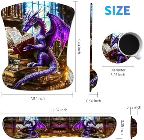 3-in-1 Ergonomic Mouse Pad with Wrist Support, Memory Foam Keyboard Wrist Rest Pad Set & Coaster, Non-Slip Base Desk Mat with Purple Dragon Book for Office Home Computer & Laptop - Image 2
