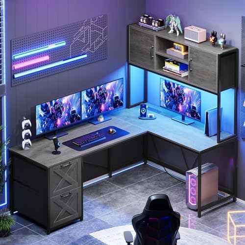 SEDETA Reversible L Shaped Gaming Desk with Drawers, LED Lights, by SEDETA