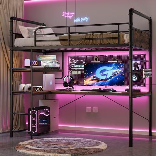 GarveeHome Loft Bunk Bed with L-Shaped Desk, Industrial Twin Loft Bed,Brown - Image 4