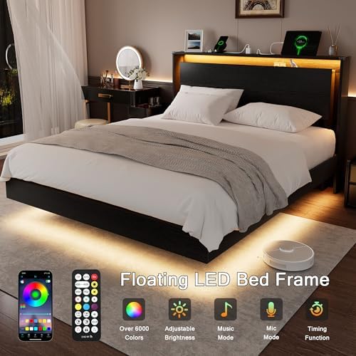 Einhomn Bed Frame Queen Size with LED Lights & Charging Station – Kids Wood Floating Queen Bed Frame with Storage Headboard, Adhesive Slats, Kick-Free & Noise-Free Design, Easy Assembly, Black - Image 3