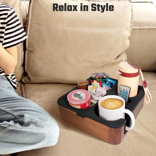 Couch Cup Holder Tray, Real Acacia Wooden Caddy with Soft Silicone, Snack and Drink Organizer- Perfect Movie Night Accessories for Bed, Remote and Cup Holders for Sofa (Black) - Image 4