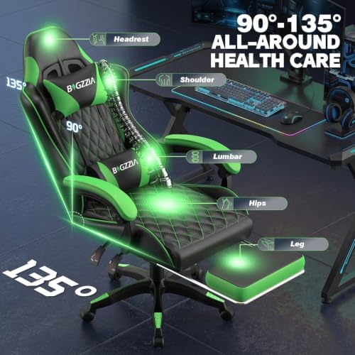 Bigzzia Ergonomic Gaming Chair with Footrest & Breathable PU Leather, Green - Image 6