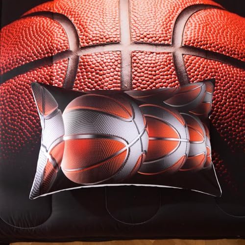 Teens Boys Sports Comforter Set Full,Basketball Bedding Set for Kids,Sports Orange Basketball Comforter Sets,Black Teenage Boy Bedroom Bed Set 3 Pieces with Pillowcases - Image 6