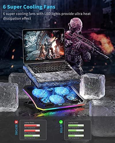 KeiBn Upgarde Laptop Cooling Pad, RGB Lights Laptop Cooler 6 Fans for 15.6-17.3 Inch Laptops, 7 Height Stands, 10 Modes Light, 2 USB Ports, Desk or Lap Use (A8,Blue) - Image 2