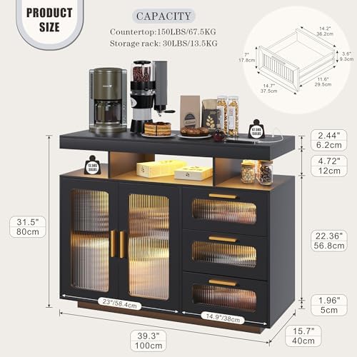 HWB Coffee Bar Cabinet with RGB Light & Charging Station, Black - Image 2