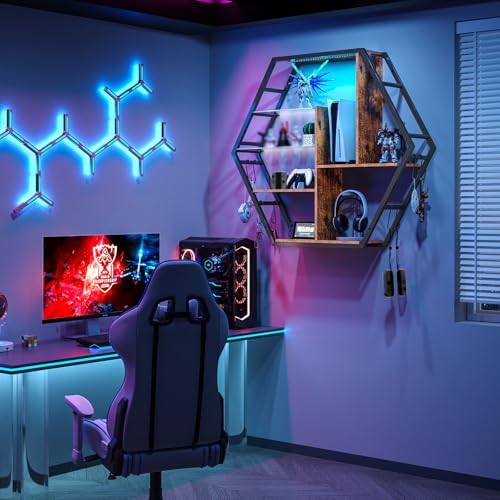 Saudism Gaming Floating Shelf with RGB LED Lights, Hexagon Wall Mounted - Image 3