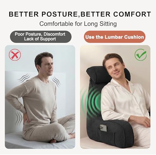 Corduroy Reading Pillow for Sitting Up in Bed, Bed Rest Backrest Pillow with Arms, Low Back Support Cushion with Side Pockets & Washable Cover, Back Support for Sofa Couch Relax, Lamp Black - Image 5