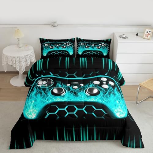 Erosebridal Honeycomb Gaming Kids Comforter Sets Boys Teal Neon Lights Game Consoles Queen Bedding Sets Ombre Art Geometry Hexagon Beehive Quilt Set Gamer Room Decor for Boys - Image 6