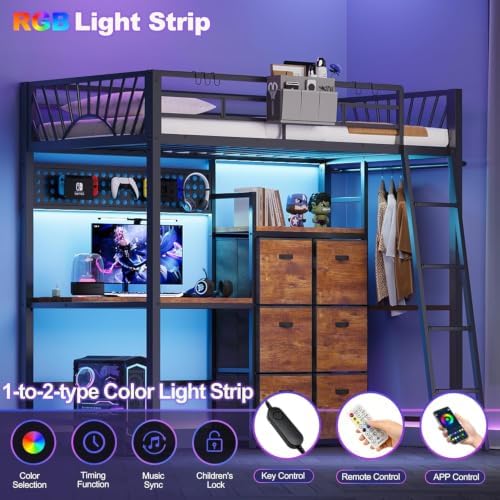 Decofy Twin Loft Bed with Desk and 6 Storage Drawers, Metal Loft Bed Twin Size with Charging Station & LED Lights, Bed Frame with Hanging Rod, Safety Ladder & Guardrail, Bedside Caddy for Kids, Teens - Image 3