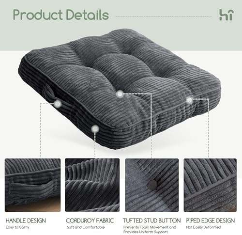 HIGOGOGO Floor Pillow Cushion for Adults, Meditation Cushion Pillow, Large Square Floor Sitting, Tufted Corduroy Cover, for Tatami Living Room or Yoga, 22x22 Inch, Dark Grey - Image 3