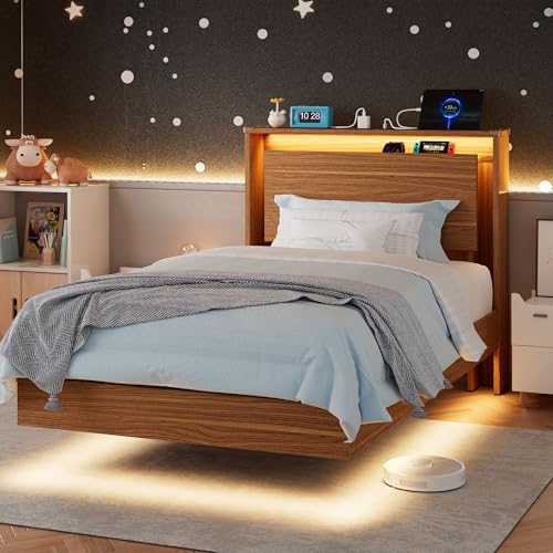 Einhomn Twin Bed Frame with Storage Headboard & LED Lights – Wood Floating Bed Frame with Charging Station, Non-Slip Slat, Kick-Free & Noise-Free Design, Easy Assembly, Walnut by Einhomn