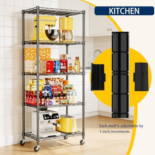 REGILLER 5-Wire Shelving Metal Storage Rack Adjustable Shelves,Standing Storage Shelf Units for Laundry Bathroom Kitchen Pantry Closet(Black,11.8" D x 21.2" W x 55" H,With Wheels) - Image 6