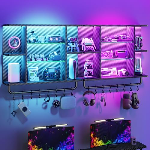 REIBII 34" Gaming Floating Shelves, LED Wall Mounted Shelf with Adjustable Glass Shelf, 7 Tiers Display Rack with 8 S-Hook, Gaming Room Decor Wine Coffee Bar, Black Carbon Fiber - Image 4