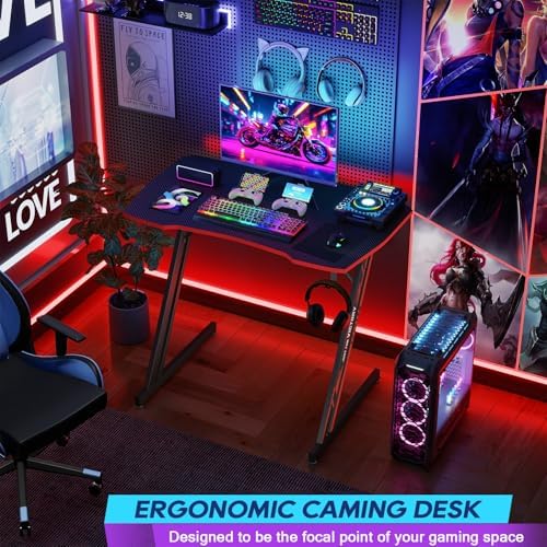 BestOffice Gaming Desk 35 in PC Computer Desk Z Shaped Gaming Workstation Ergonomic Gaming Table with Headphone Hook for Home Office,Black&Red - Image 4
