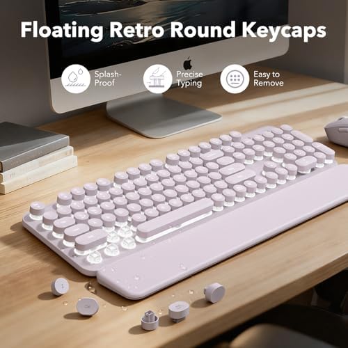 Wireless Keyboard and Mouse Combo, Backlit Round Keycaps, Retro Typewriter Keyboard with Magnetic Wrist Rest, USB-C Rechargeable & Tilt Legs, 2.4GHz Cordless for Mac Windows PC (Glowing Pastel Purple) - Image 4