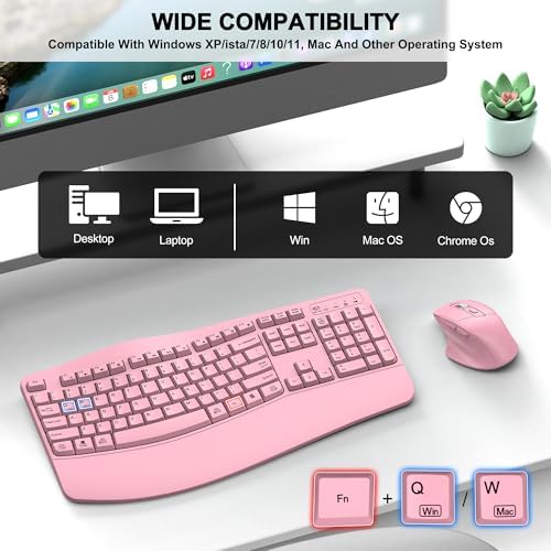 Wireless Keyboard and Mouse Combo, 2.4G Full Size Wave Keys Ergonomic Keyboard with Wrist Rest and 3-Level DPI Adjustable Wireless Ergonomic Mouse for Windows, Mac OS Desktop/Laptop/PC(Pink) - Image 7