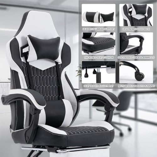 Gaming Desk Chair for Adults, Ergonomic Gaming Chair (Black+White-1) | with Footrest & Headrest and Lumbar Support, Leather Material Height Adjustable computer Video Game Chairs - Image 6