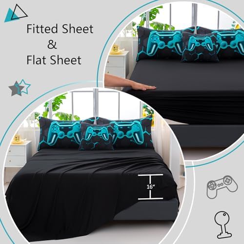 Game Console Teal Comforter Set Twin Size 6 Pieces Kids Gamer Bed in A Bag Gaming Bedding Set for Boys Girls 3D Video Games Lake Blue Bed Comforter Set with Sheets (Teal, Twin) - Image 6