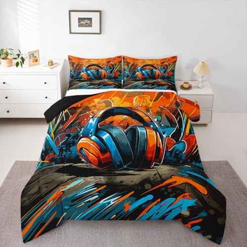 Erosebridal Gaming Headset Comforter Set Graffiti Gamer Girl Toddler Bedding Set for Tween Boys Girls Doodle Style Comforter Gaming Headphones Quilt by Erosebridal