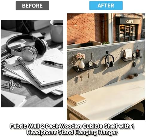 Fabric Wall 2 Pack Wooden black Cubicle Shelf with 1 Headphone Stand Hanging Silver Hanger, Office Organizer Accessories, Women Men Desk Organizer Stylish Ations Holder, Desk Work Space Storage Hook - Image 5