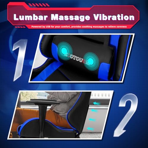 ECOTOUGE Ergonomic PC Gaming Massage Recliner Chair | Racing PU Leather, Swivel Rocker, Headrest, Lumbar Pillow, Desk Chair, Adjustable Height, Sturdy Base, Black & Blue - Image 5
