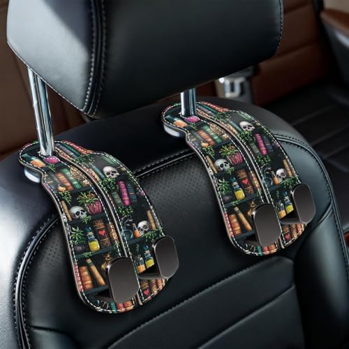 Blusabaca 2PCS Car Hooks Purses and Bags, Goth Gothic Bookshelf Skull Skeleton Seat Back Storage Headrest Holder Hanger PU Leather Double Metal Backseat Organizer, Women Car Accessories Organization by Blusabaca