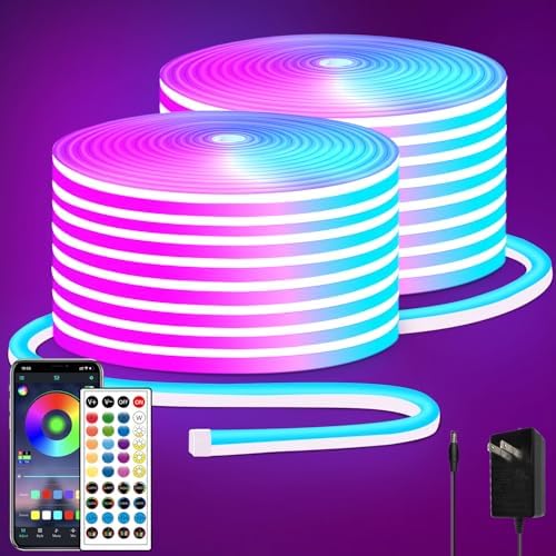 segrass 100FT RGB LED neon Rope Lights LED neon Lights with Remote/APP Control 24V IP65 Waterproof Flexible Neon LED Strip Lights for Bedroom Room Outdoors Decor（2 Rolls of 50ft） by segrass
