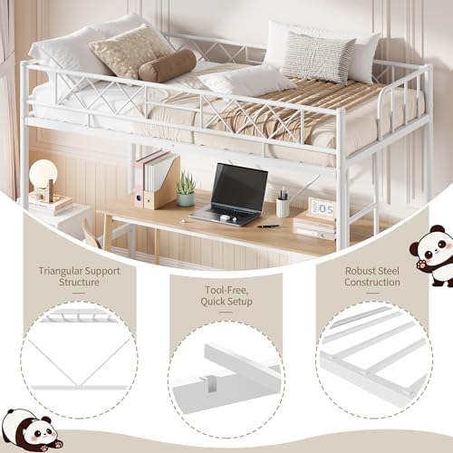 Garvee Loft Bed Twin Size with Safety Guardrail & Ladder,Metal Frame, White - Image 6