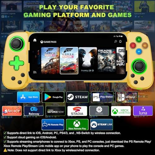 Phone Game Controller for iPhone 17/Android/PC/Switch, Play COD, Genshin,Support Streaming on PS5/Xbox/PC Console, Cloud Gaming Wireless Gamepad Joystick, Turbo/6-Axis Gyro/Dual Motor, Green Light,Yellow - Image 3