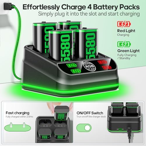 Rysker Charger with 4 x 5580mWh Rechargeable Battery Pack for X Box One X|S/Series X|S Controller, Rechargeable Batteries Charger Station for X Box One Accessories Cases & Storage - Image 3