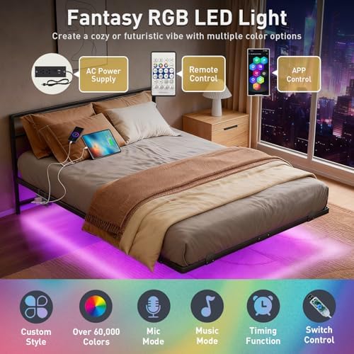 AGXI Full Size Bed Frame with Headboard, 14 Inch Floating Bed with Smart LED Lights and USB Charging Station, Easy Assembly, No Box Spring Needed - Image 3