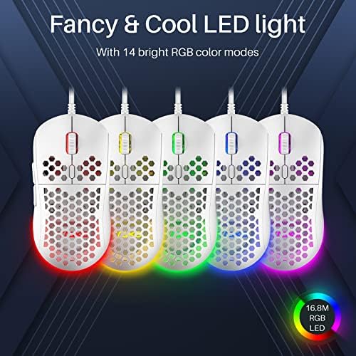 DIERYA M1SE Wired Gaming Mouse with Honeycomb Shell, 12800DPI Optical Sensor, 6 Programmable Macros, Software Support for Custom Key Config, and RGB Settings for Windows 7/8/10/XP, Vista, Linux-White - Image 3
