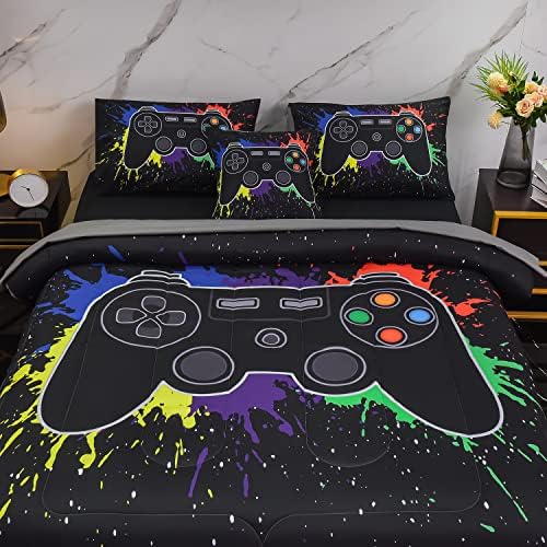 6Pcs Gamer Comforter Set with Sheets for Boys Girls Kids Teens, Colorful Graffiti Gaming Themed Bed in A Bag Twin Size, Black 3D Video Game Controller Bedroom Decor Bedding Set - Image 3