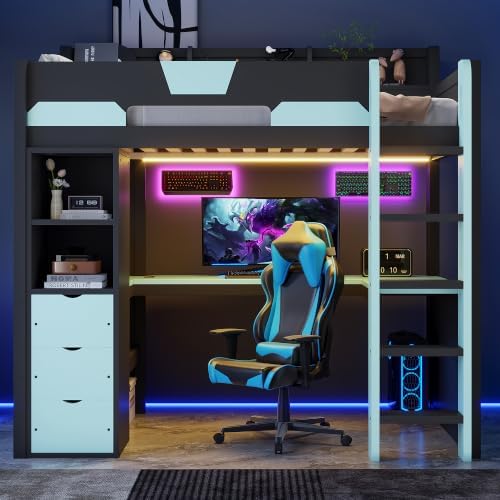 Merax Twin Size Wood Gaming Loft Bed with U-Shaped Desk, Lights & USB Ports - Image 3