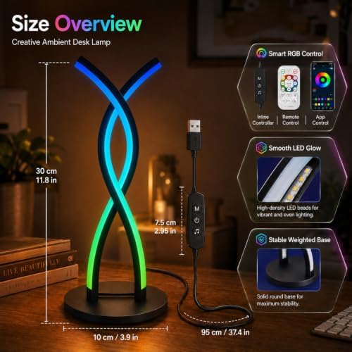 MORIACC Modern RGB LED Table Lamp, Cross-Curve Ambient Light with Music Sync, Dimmable 10%-100% Color Changing Desk Lamp, App and Remote Control, USB Powered for Bedroom Home Decor - Image 6