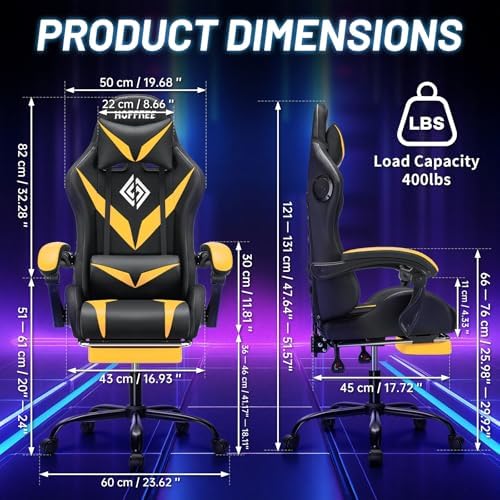 LED Gaming Chair with Speakers RGB Lights Massage Computer Chairs-Yellow | Bluetooth Game Chairs for Adults;Ergonomic High Back Video Game Chair; Reclining Gamer Chair with Footrest Lumbar Support - Image 2