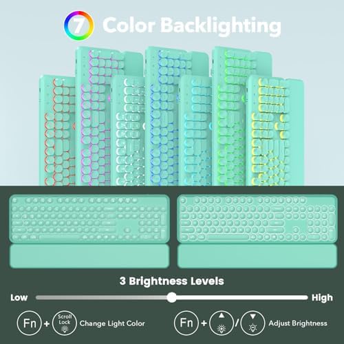Wireless Keyboard and Mouse Combo, Backlit Round Keycaps, Retro Typewriter Keyboard with Detachable Wrist Rest, Rechargeable & Tilt Legs, 2.4GHz Cordless Connection for Windows/PC (Glowing Turquoise) - Image 2