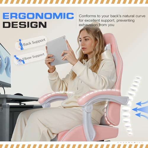 Shahoo Gaming Chair with Footrest and Massage Lumbar Support, Video Racing Seat Height Adjustable with 360° Swivel and Headrest for Office or Bedroom, Light Pink - Image 4
