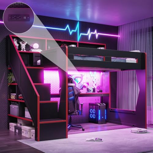KEIKI Full Size Gaming Loft Bed with Storage Stairs, LED Lights & Desk - Image 7