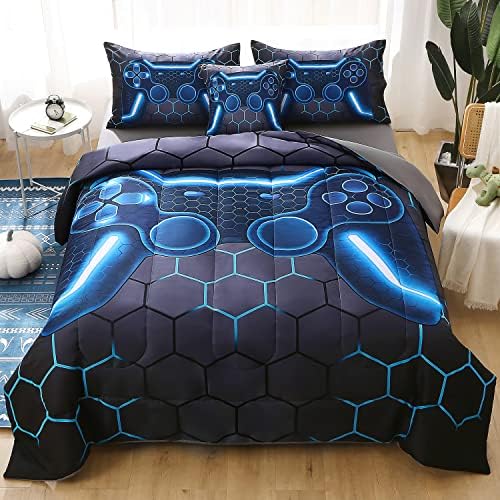 JQinHome Twin Gamer Comforter Set for Boys,6 Piece Bed in A Bag 3D Video Game Bedding -All Season Soft Microfiber Down Alternative Comforter Gamer Bedding Sets for Kids - Image 2