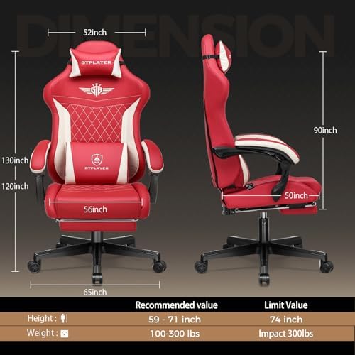GTPLAYER Gaming Chair with Footrest, Big and Tall Game Chair High Back Computer Office Chair with Lumbar Support for Adults, Ergonomic Swivel Games Chair with Cushion Gaming, Leather Red - Image 2