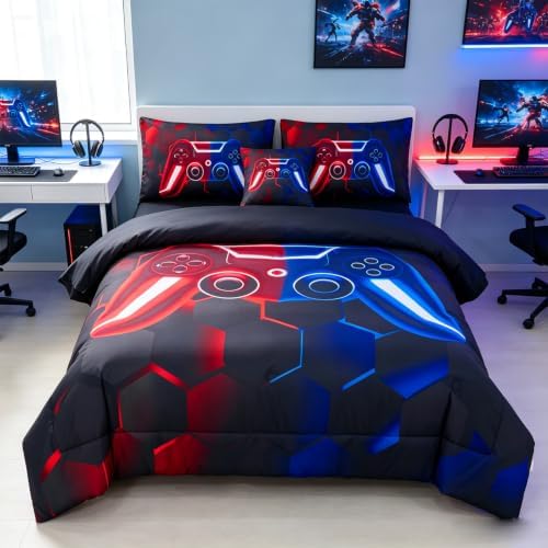 URBONUR Gamer Queen Comforter Set for Teen Boys 6-Piece Kids Bed-in-a-Bag by URBONUR