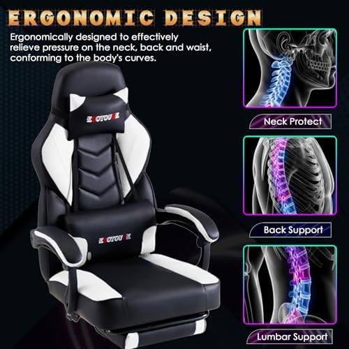 ECOTOUGE White Big and Tall Ergonomic Massage Gaming Chair with Footrest | Lumbar Support, Reclining High Back, 360° Swivel, Computer Chair, Sturdy, Comfortable, Height Adjustable, for Gaming & Office - Image 7