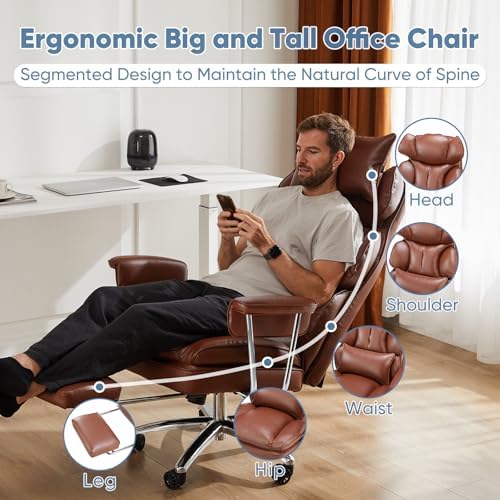 DUMOS Ergonomic Home Office Desk Chair, Executive Chair, PU Leather | Big Tall High Back, Lumbar Support, Reclining Height Adjustable, Computer Gaming, Footrest Swivel Wheels, Brown - Image 4